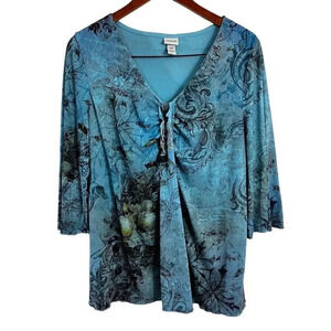 Venezia Blue Womens Blouse 14/16 Rose Floral Stretch Gathered Front Elegant Top